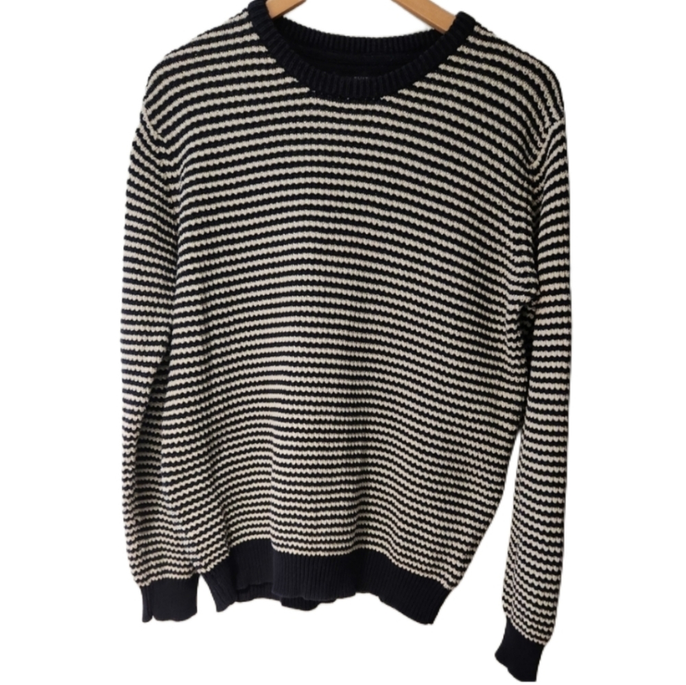 SUIT Uk‎ Brand Navy and White Striped Men's Sweater Heavy Knit Cotton Blend